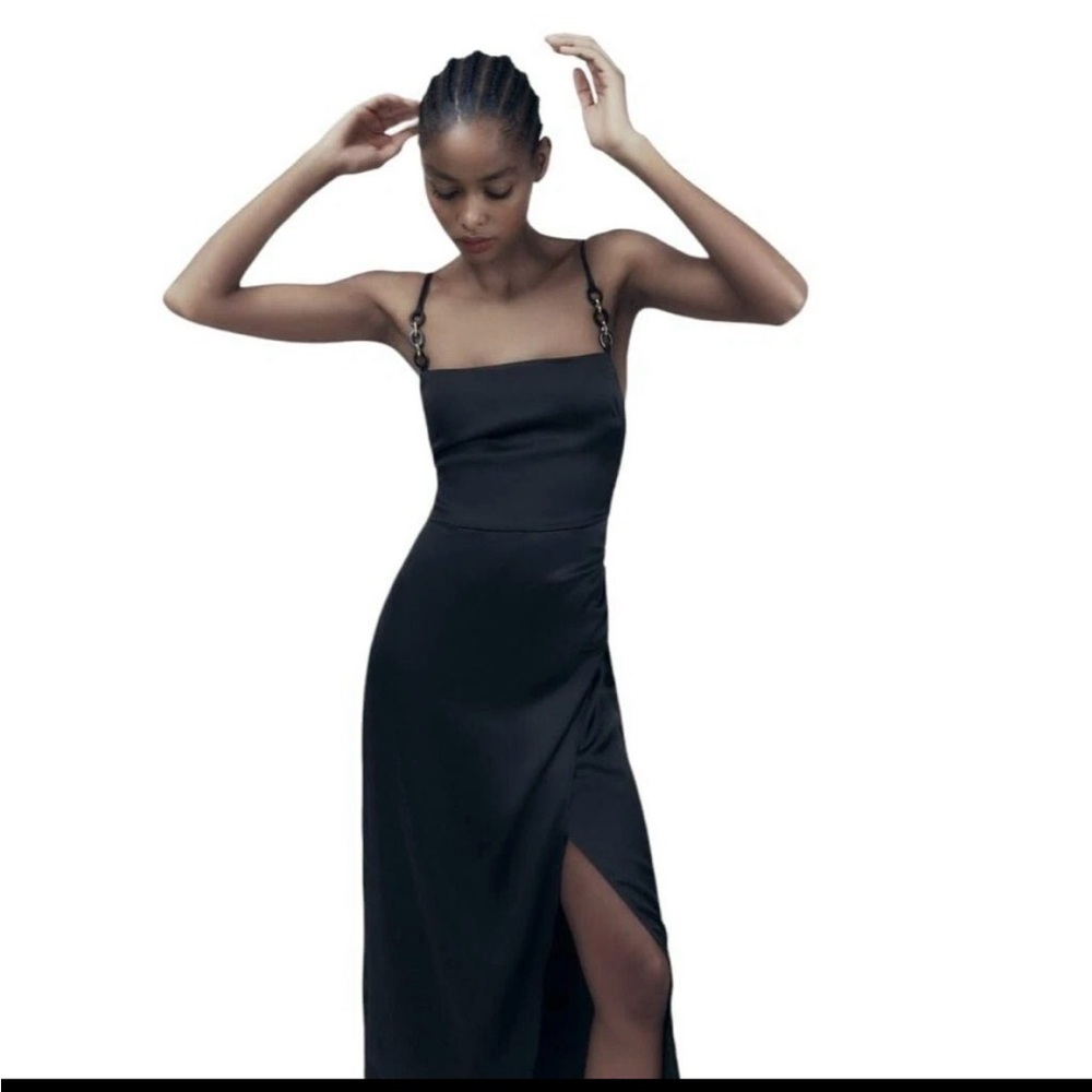 Zara Black Satin Maxi Dress with Side Slit - Picture 2 of 9